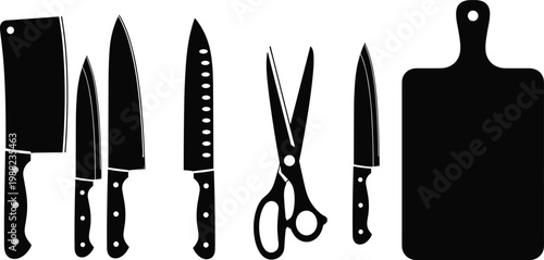 Kitchen knife silhouette icon illustration, chef tool artwork, cutting board design, cooking utensil graphic, food preparation symbol