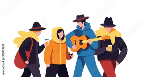 Group of friends enjoying music outdoors during winter.