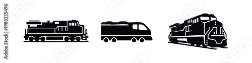 Set of three black locomotive silhouettes featuring freight and modern trains, isolated on white for transportation and logistics design projects.