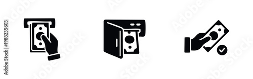 Schilderij op canvas Collection of black solid icons for banking and finance, including cash withdrawal, money in a safe, and successful payment confirmation