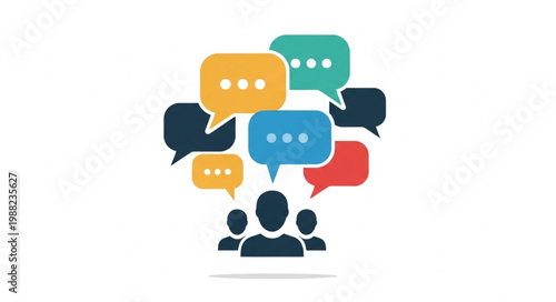 Group of people communicating with speech bubbles.