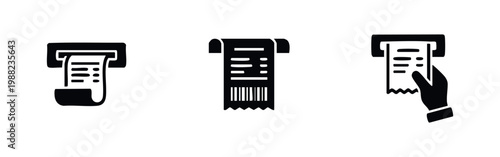Set of three black minimalist receipt icons showing paper invoices dispensed from a machine, including a barcode and a hand taking a bill.