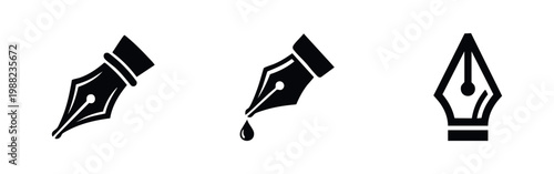 Minimalist set of three black fountain pen nib icons. Elegant symbols for writing, calligraphy, signature, and graphic design tools.