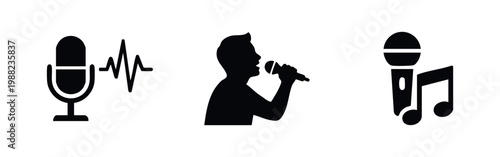 Set of minimalist black icons for audio recording, singing, and music, including a microphone, sound wave, singer silhouette, and musical note.