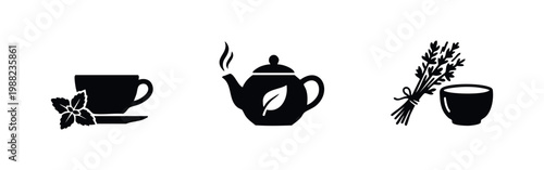Minimalist black silhouettes for herbal tea and wellness, featuring a teacup with mint, steaming teapot, and lavender bundle with a bowl.