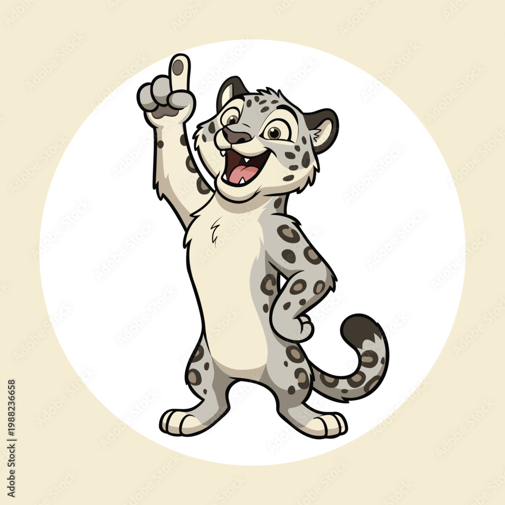 Fototapeta premium Cute Cartoon Style Snow Leopard Pointing Up Standing Character Mascot