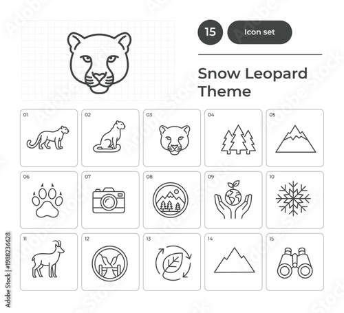 Minimalist Outline Snow Leopard Theme Line Icon Set Collection