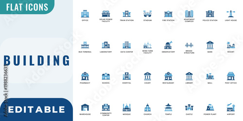 Building icon set featuring office, hospital, school, airport, bank, and mosque elements in blue flat style for web, app, and infographic design.