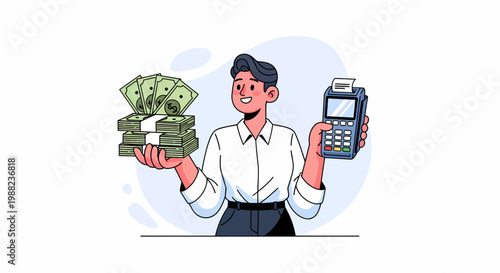 Businessman holding money and payment terminal.