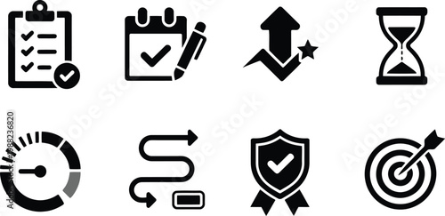 Black glyph icons set task management progress and achievement symbols