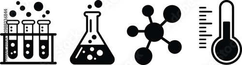 Black and white science icons test tubes flask molecule and thermometer