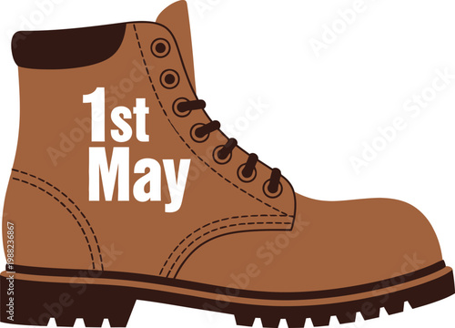 Brown work boot with '1st may' text isolated on transparent background