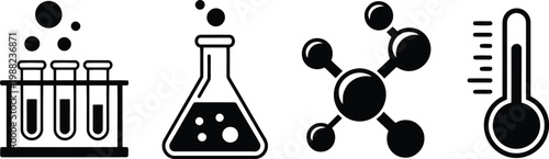 Laboratory equipment icons flasks test tubes and thermometer illustration