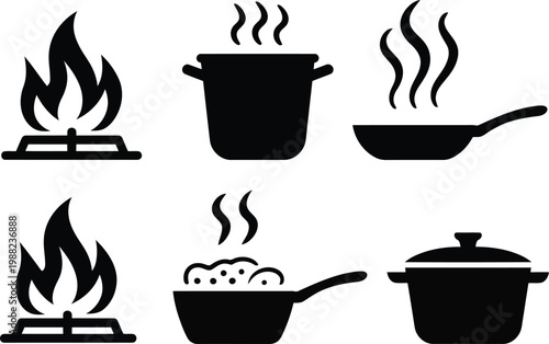 Cooking utensils icon set flames pots pans and lids