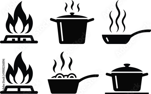 Cooking utensils and heat sources a black silhouette icon set
