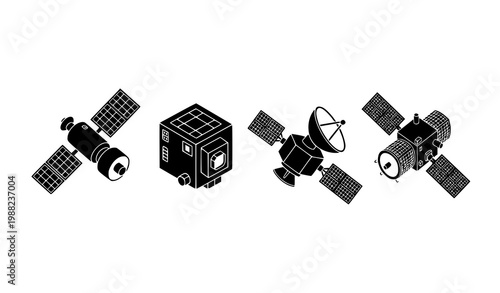 Satellite silhouettes set with four space communication and orbital technology designs isolated on white background vector