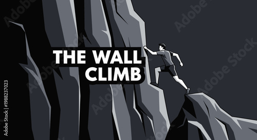Illustration Of A Person Climbing, Overcoming Obstacles, And Achieving Goals, Black and White