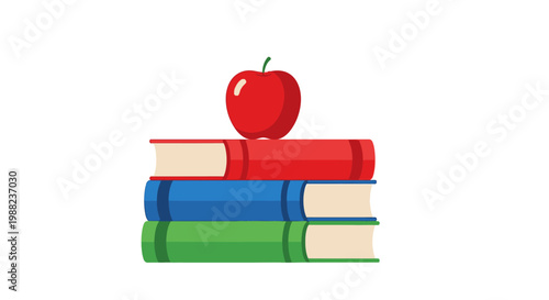 An animation of an apple resting on a stack of colorful books, representing education and knowledge acquisition