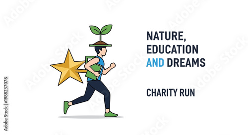 Illustration Of A Person Running With Star, Plant, And Books For Charity And Education