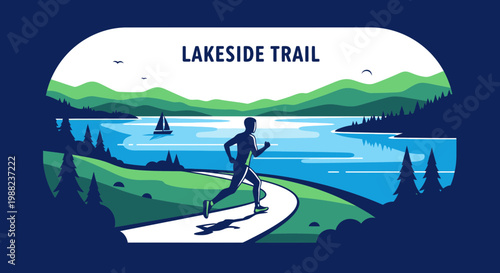 Illustration Of A Runner on a Lakeside Trail During a Bright Sunny Day
