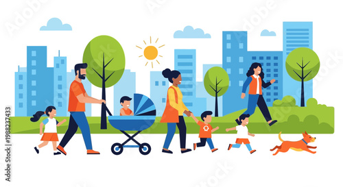 Illustration Of Families Enjoying A Sunny Day Outdoors In A City Park Together