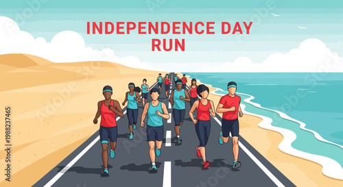 Independence Day Marathon: Energetic Runners Compete Near the Beautiful Seashore on a Clear Day