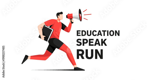 Illustration Of Man Educating During Motion, Announcing Ideas, Promoting Speak And Run