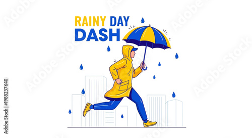 Illustration Of Person Running in the Rain With an Umbrella on a Rainy Day