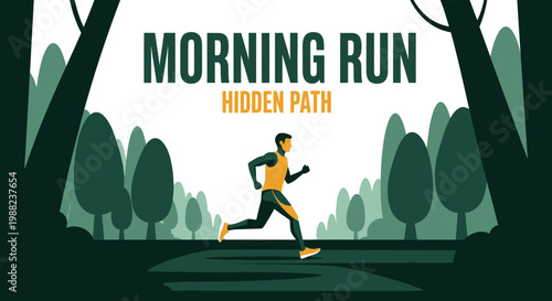 Illustration Of Person Running On A Morning Run Through A Forest Pathway