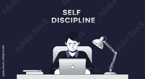 Illustration Of Person Working Under Lamp With The Words Self Discipline On Top