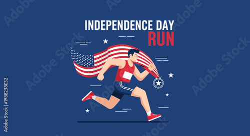 Independence Day Run: American Athlete Sprinting with Flag and Medal on the Horizon