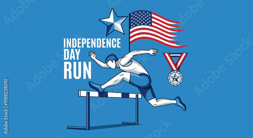 Independence Day Run: American Athlete Leaping Hurdle Under The American Flag