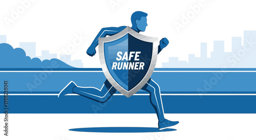Illustration Of Safe Runner with Shield, Emphasizing Security And Protected Healthy Lifestyle