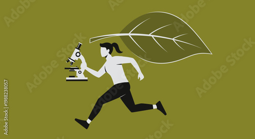 Illustration Of Scientist Examining Nature With A Microscope In Motion Across Green Background