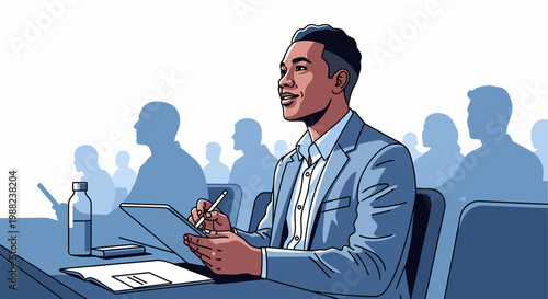 Businessman taking notes in meeting.