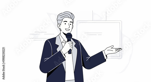 Businessman Speaking into Microphone Confidently.