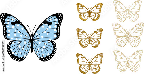 Elegant Butterfly Set with Blue Dotted and Golden Glitter Outline Wings on Dark Background for Luxury Nature Design
