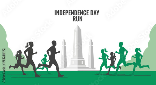 Independence Day Run Celebrations Featuring Runners with Monument Silhouette Illustration