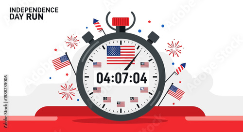 Independence Day Run Depicted With Stopwatch, Flags, And Fireworks Celebration