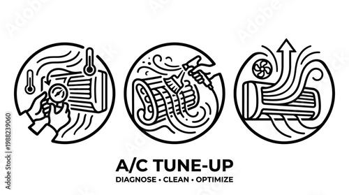 Air Conditioning Tune-Up Process Illustrated with Three Circular Icons.