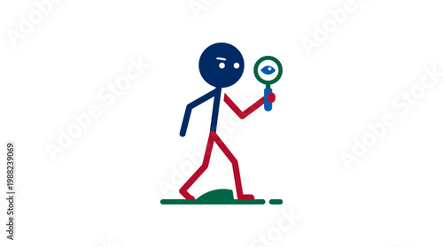 Animated Stick Figure Detective Searching With Magnifying Glass.
