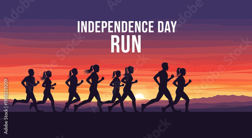 Independence Day Running Event At Sunset, Marathon Silhouette, Fitness Exercise Activity