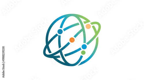 Abstract illustration of a global network with interconnected nodes and orbits.