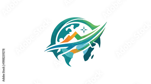 Abstract illustration of a world map with a compass and a rocket ship.