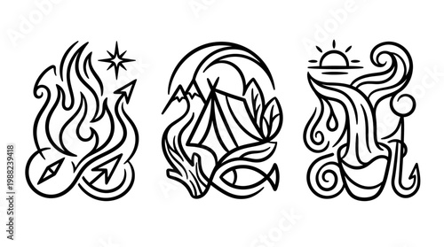 Abstract Line Art Symbols Representing Natures Elements and Concepts.