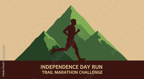 Independence Day Trail Run Marathon Challenge: Runner Silhouette with Mountain Landscape
