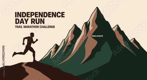 Independence Day Trail Run Poster Showcasing Silhouette Runner and Mountain Peaks