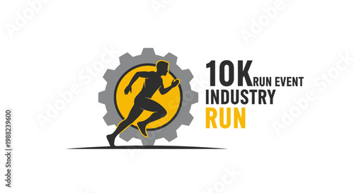 Industrial 10k Run Event with Runner Silhouette and Gear Icon in a Clean Design