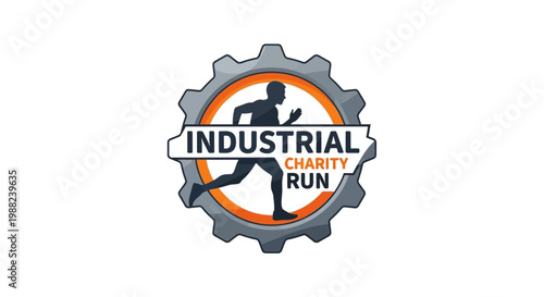 Industrial Charity Run Logo Featuring a Runner Inside a Gear with a Unique Design