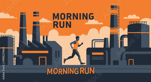 Industrial Morning Run Illustration Depicting Athlete Exercising During Early Hours, Active